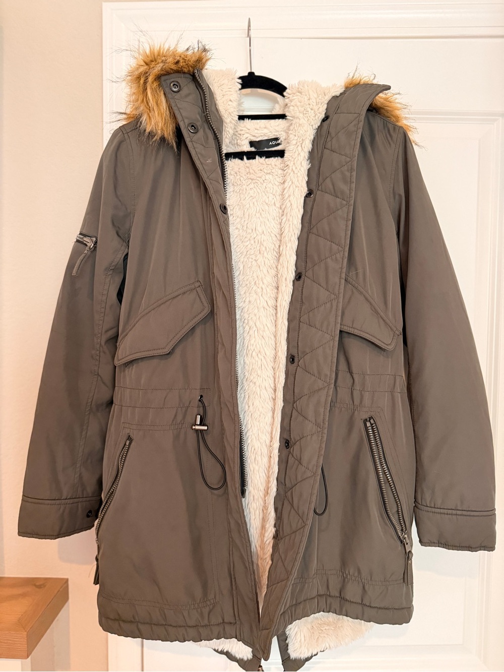 Aqua Olive Utility Parka with Faux Fur Trimmed Hood